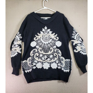 Bonnie Boerer Sweater Womens Small Black V-Neck Sequin Bling Trim Knit Pullover